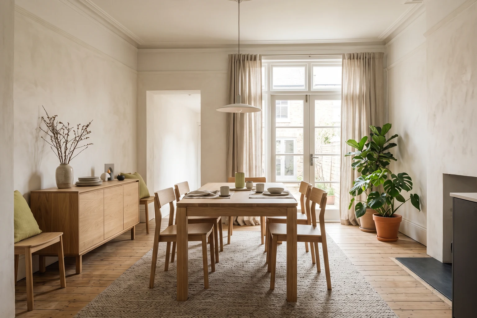 Bright dining room with a solid oak table, six oak chairs and a low sideboard by a large window