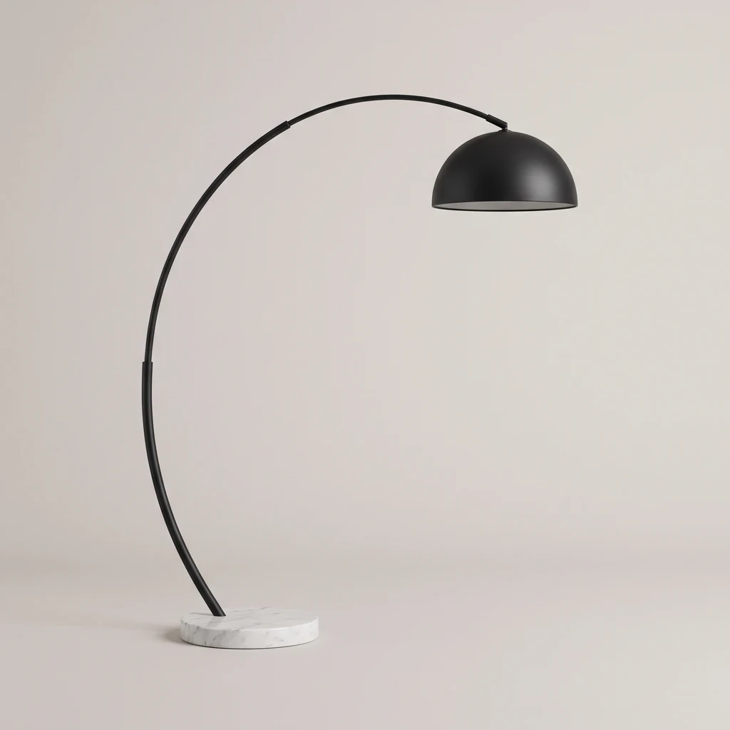 Black arc floor lamp with a dome shade and a round marble base