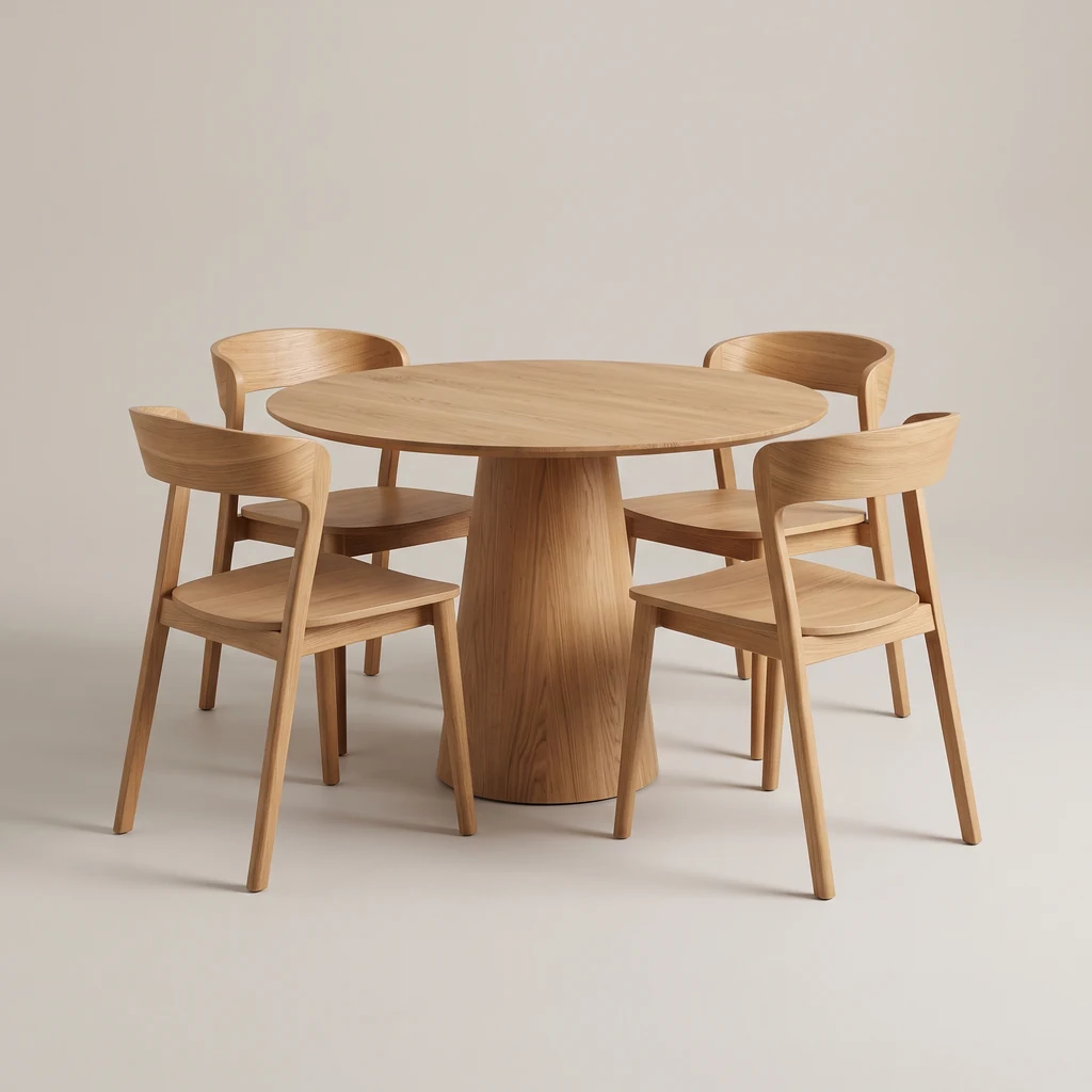Round oak pedestal dining table with four curved-back oak chairs