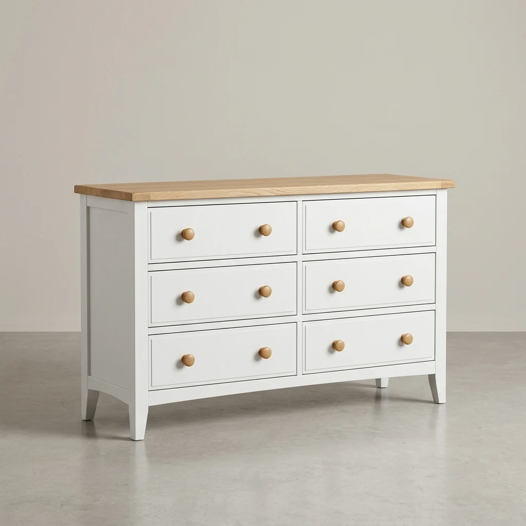 Wide white six-drawer chest with an oak top and oak knobs