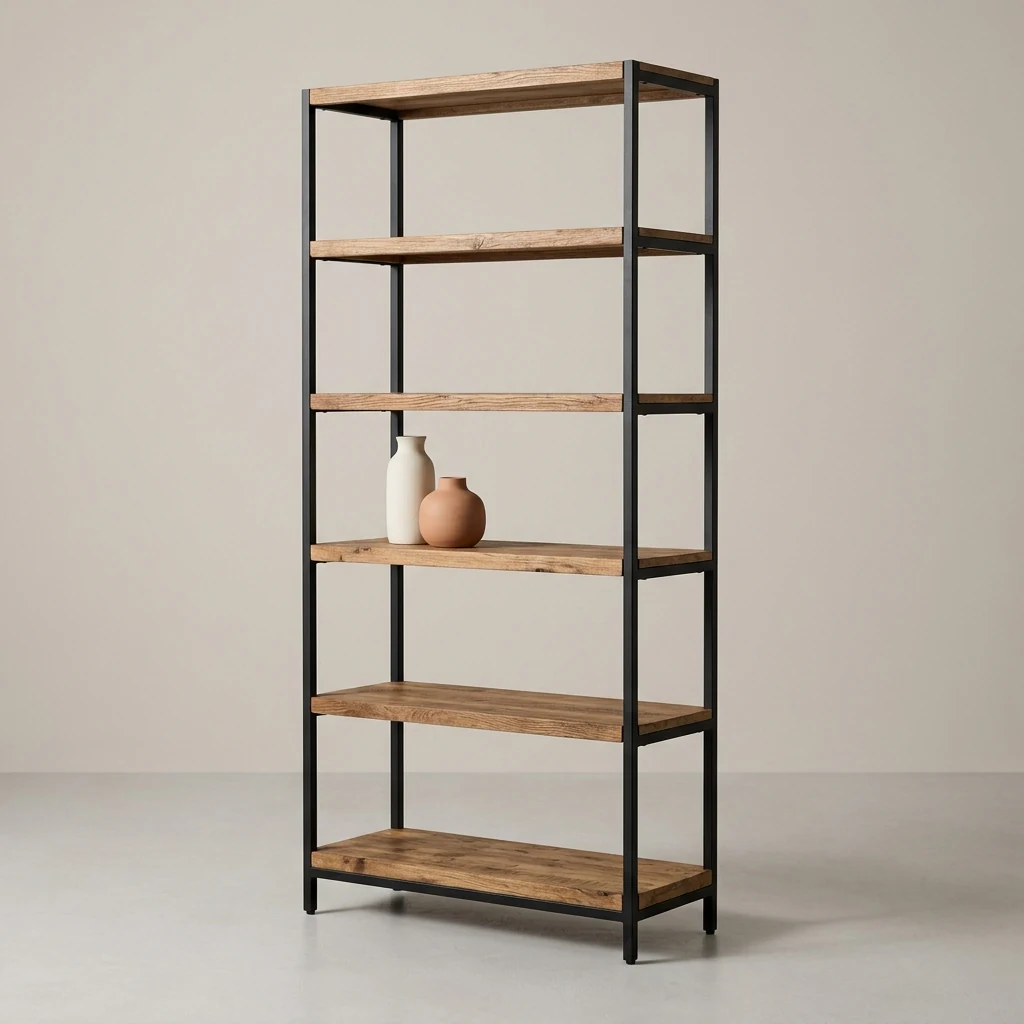 Tall five-shelf bookcase with a black steel frame and wood-effect shelves