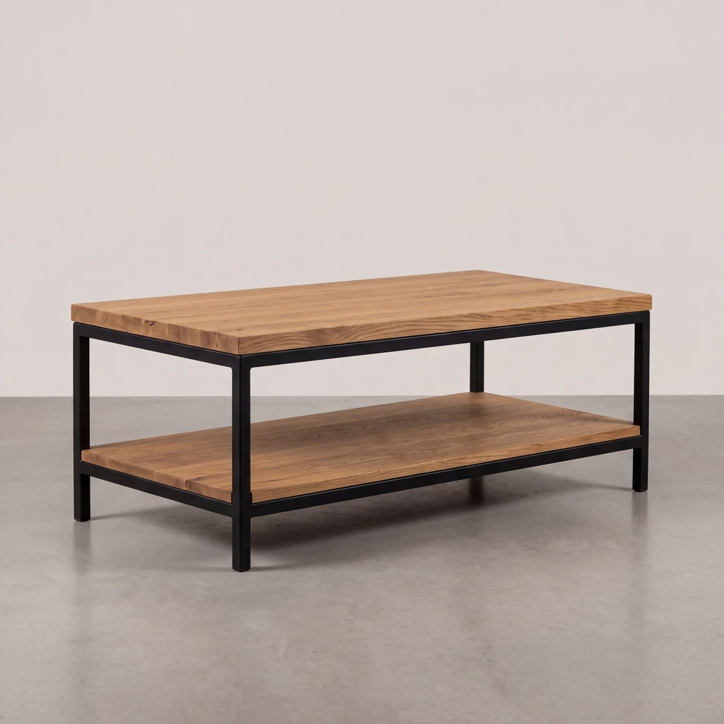Oak and black steel coffee table with a lower shelf
