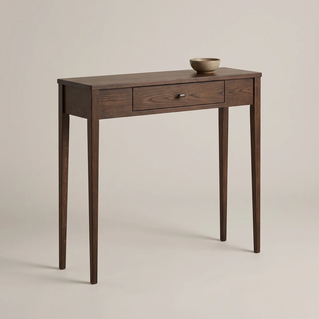 Slim dark oak console table with one drawer