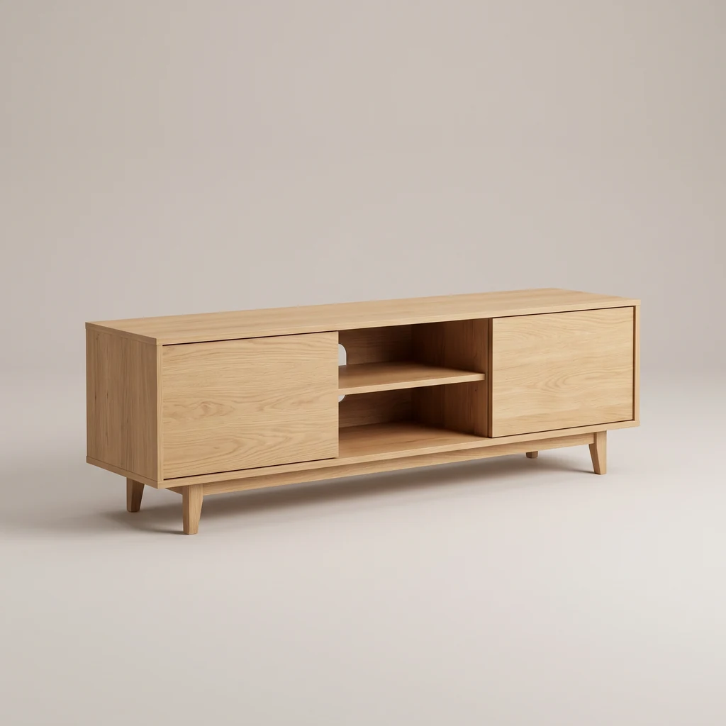 Low light oak TV unit with sliding doors and an open shelf