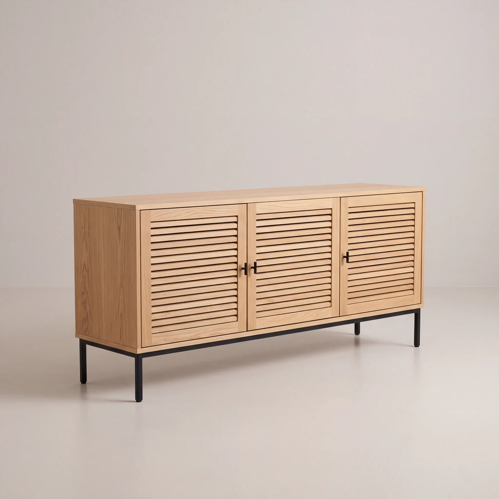 Long low light oak sideboard with slatted doors and black metal legs
