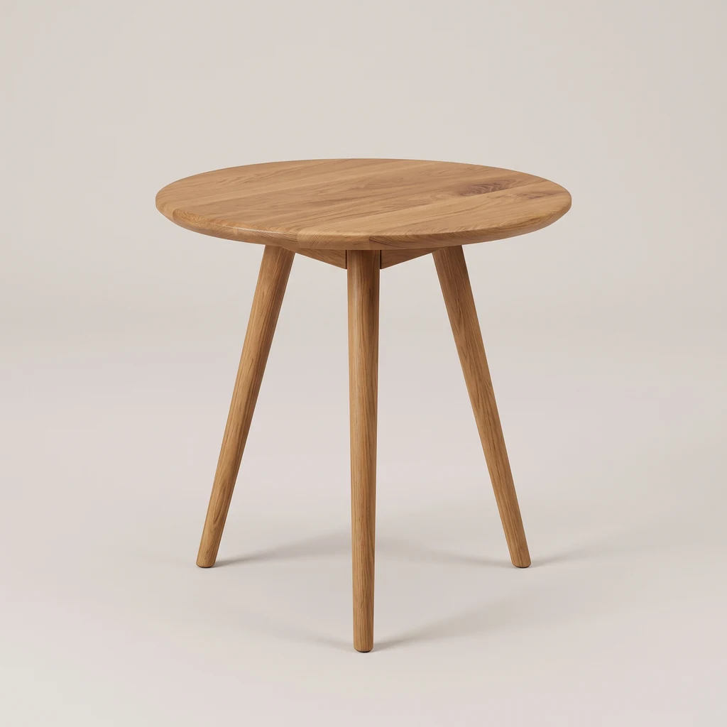 Small round oak side table on three tapered legs