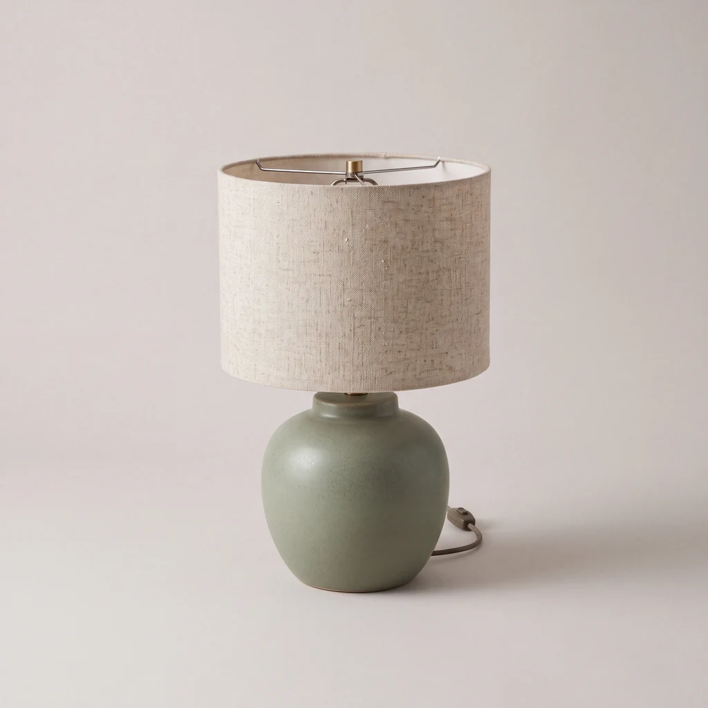 Sage-green ceramic table lamp with a linen drum shade