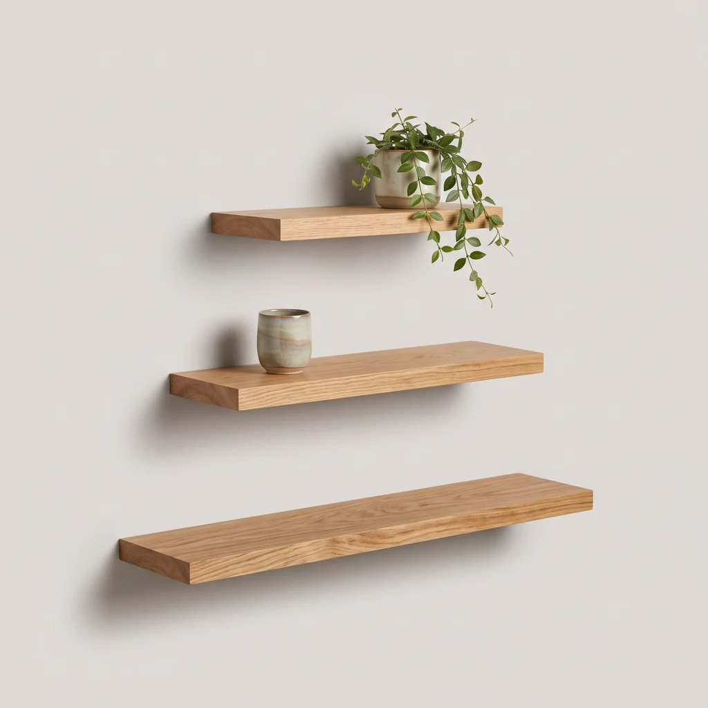 Three floating oak wall shelves of different lengths