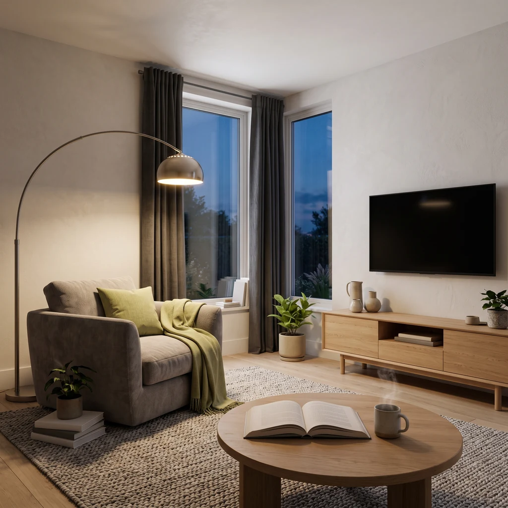 Living room in the evening with an arc floor lamp beside an armchair and a round oak coffee table