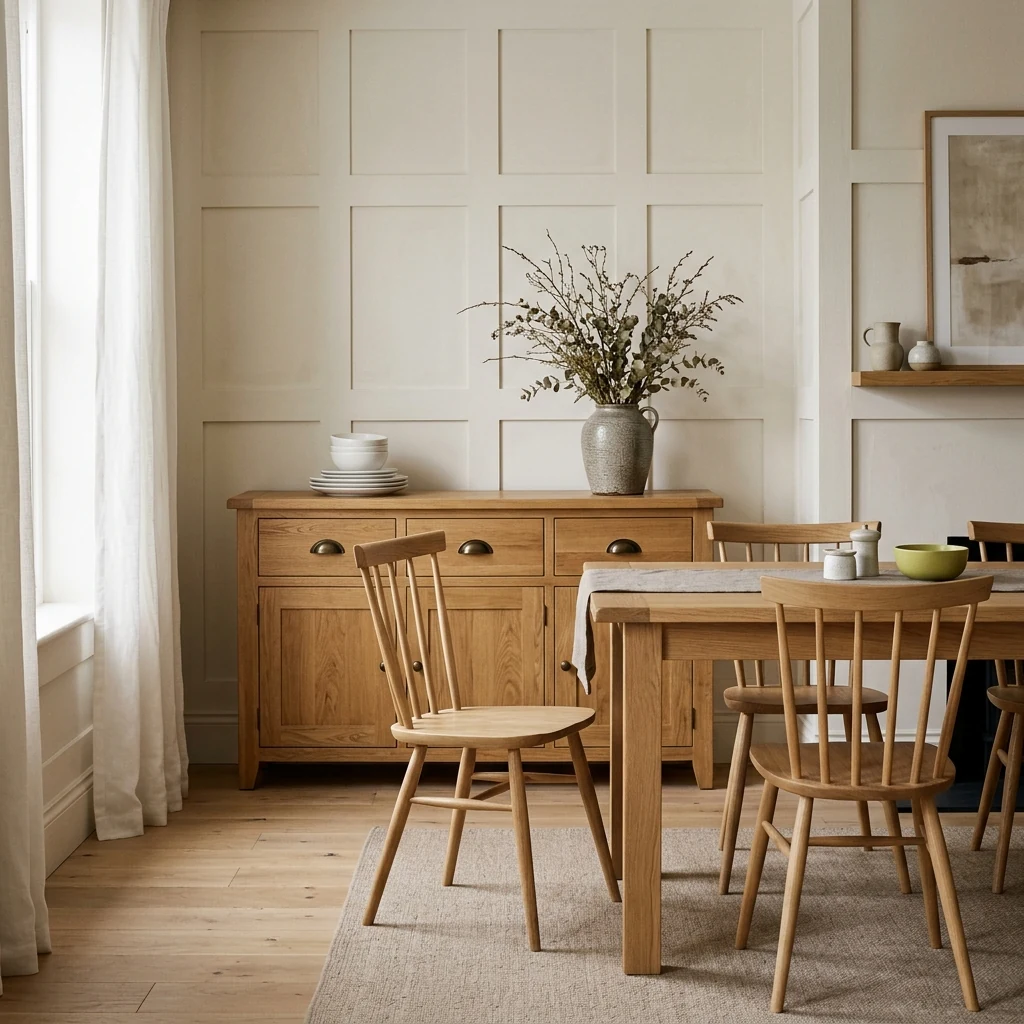 Classic oak sideboard with white crockery and a vase in front of an oak dining table