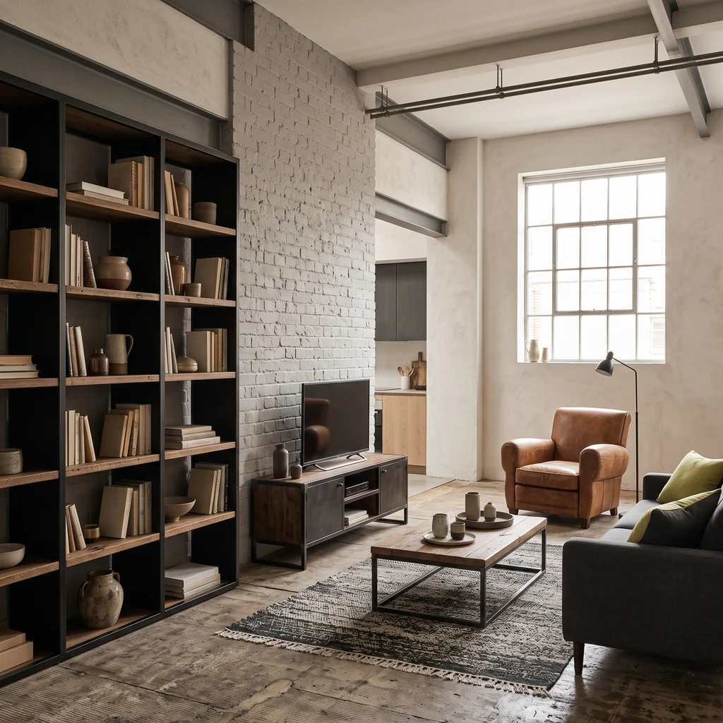 Industrial living room with a black steel bookcase, metal floor lamp and leather armchair