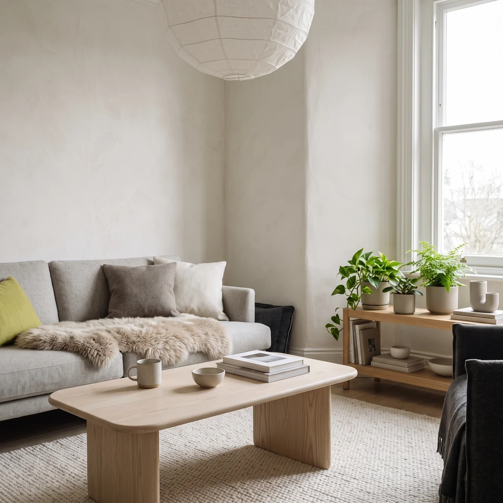 Scandinavian living room with a pale ash coffee table, grey sofa and plants on a wooden shelf